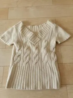 【アンゴラ混】 Vネック ケーブル編み ニット 半袖