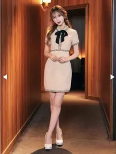 DAZZY　オールツイード襟付きフロントリボンパールビジュー半袖タイトミニドレス