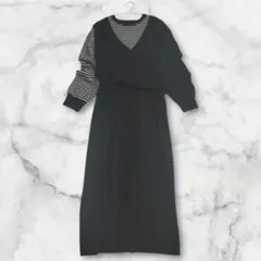 emmi atelier タグ付き 黒×ボーダーロングニットワンピース