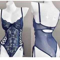 セクシーコスプレ衣装　ランジェリー　ハイレグレオタード　ネイビー　ストッキング付のサムネイル