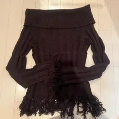 オフショルダーニット　フリンジニット　y2k grunge 森ガール　平成ギャル