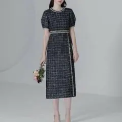 Leja ラメツイードレザーパイピングパールマーメイドワンピース 美品】Leja ラメツイードレザーパイピングパールマーメイドワンピース