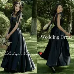 着画あり LLサイズ ロングドレス リボン 結婚式 前撮り ブラック サテン