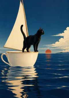 A4 ティーカップで航海する黒猫 ポスター【c1136】