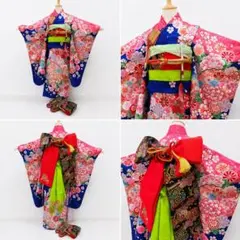 七五三　7歳　着物セット　だらり帯　フルセット　四つ身　紺色　金駒刺繍　美品のサムネイル