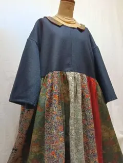 着物リメイク　ワンピース　ミニ襟ドロップショルダー