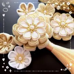 つまみ細工髪飾り 成人式 七五三(金縁アイボリー白コンビ)大