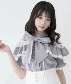 上品レースフリルボウタイリボンブラウス ブルーグレー DearMyLoveのサムネイル