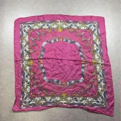 大判スカーフ ピンク チェーン柄 シルク100%風 レトロ柄 ヴィンテージ