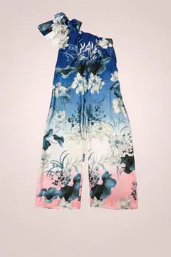 ZARA 花柄 オールインワン ワンショルダー S 夏 リゾート ブルー系