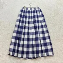 サマンサモスモス【F】白紺 チェック スカート 柄アソートギャザー 綿麻混 春夏