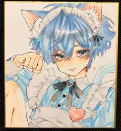 苺*‬様 猫耳メイドイラスト　猫耳メイド　　男の子　色紙イラスト　青　水色　可愛