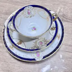 オールドノリタケ トリオセット金盛上・金彩装飾 コバルト帯 ガーランド薔薇図紋