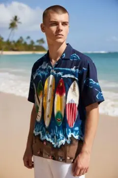 ハワイ製PARADISE FOUNDパラダイスファウンド アロハシャツS紺のサムネイル