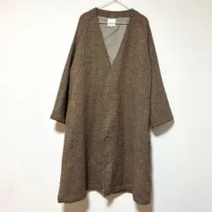 ノーカラーコート✨良品　ヴィンテージ　チェック柄　ロングコート　（F）