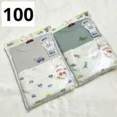 【新品】男の子肌着100　２枚組２セット　長袖丸首　ホワイトグリーン　車恐竜