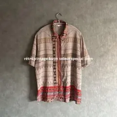 昭和レトロシアーブラウス　半袖ブラウス　総柄シャツ　ヴィンテージシャツ　古着