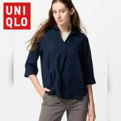 ユニクロ レーヨンスキッパーブラウス 7分袖 ネイビー M