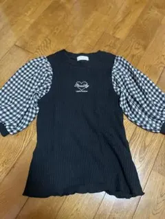黒リブニット チェックバルーンスリーブ トップス