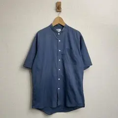 90s Burberrysバーバリー リネン混 バンドカラーシャツ L ネイビー