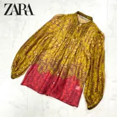 ザラベーシック 総柄 ノーカラーブラウス シースルーシルク 茶 XS*GD337