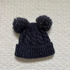 ネイビー ポンポン付きニット帽 ミッキー風帽子