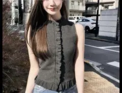 ZARA フリル付きノースリーブニット ダークグレー