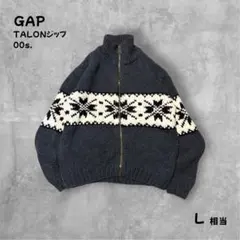 GAPハンドニットジップニットジャケット チャコールL相当 雪柄TALONジップ