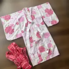 子供 ピンク花柄 浴衣 100%綿 帯付き 80〜100cm