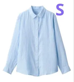 新品 【無印良品】 リネン レギュラーカラー長袖シャツ　ライトブルーストライプS