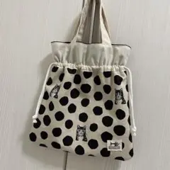 巾着トートバッグ　猫　ねこ　ネコ　水玉　ドット　２WAYバッグ　ハンド