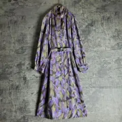 【ヴィンテージ】ロングワンピース ベルト リボン付き 総柄 リーフ柄 紫 レトロ