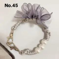 ハンドストラップ　パラコード　スマホストラップ　パール　グレー　リボン