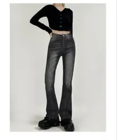 フレアデニムパンツ ハイウエスト 韓国 ダークグレー