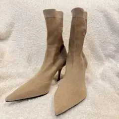 【美品】ZARA ザラ ポインテッドトゥ ニットソックスブーツ ベージュ 35