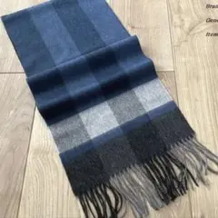 未使用品 コムサメン チェック柄 ブロックチェック ウールマフラー Yネイビー