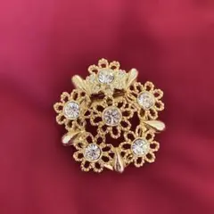 ゴールド 透かし 花柄 スカーフ留め スワロフスキー フラワー クリップ式