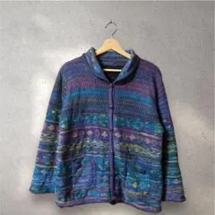 レディース ニットカーディガン 90s 総柄 裏ボア 紫 L 昭和 レトロ