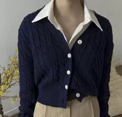 紺 カーディガン ニット ケーブル編み shein