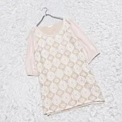 【インデックス】　ワンピース　（Ｍ）　ビジュー襟　異素材　花柄　ベージュ　透け感のサムネイル
