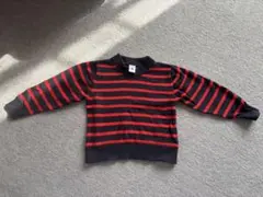 プチバトー/ 黒と赤のストライプ長袖ニットカットソー104cm