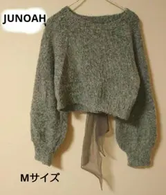 JUNOAH グレー クロップドニット バルーンスリーブ バックリボン