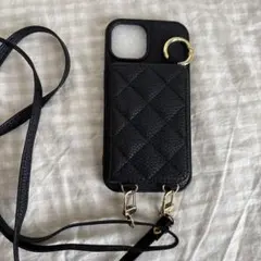 ブラックレザー風スマホケース ショルダーストラップ付き