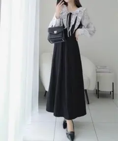 フリルリボン付きブラックロングワンピース