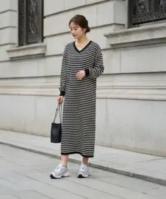 STYLE DELI Vネックトリミングボーダーワンピース