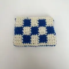 カードケース 毛糸 かぎ針編み 市松模様 ブルー×ホワイト