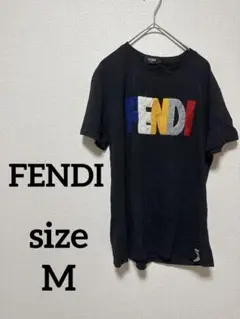 フェンディ Tシャツ クルーネック 半袖 ロゴ 刺繍 綿 黒 日本サイズM