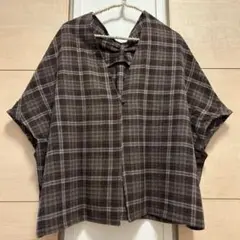 展示品【ハンドメイドのボレロポンチョ】ブラウンチェック柄【おまけ付】秋冬　M