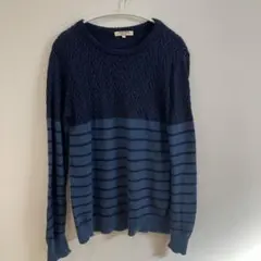 ネイビーと青のストライプ ケーブルニットセーター　M