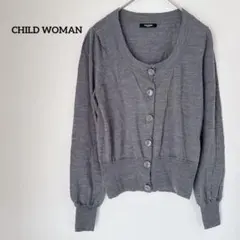 CHILD WOMAN カーディガン グレー ウール100% 長袖 丸首 パフ袖のサムネイル